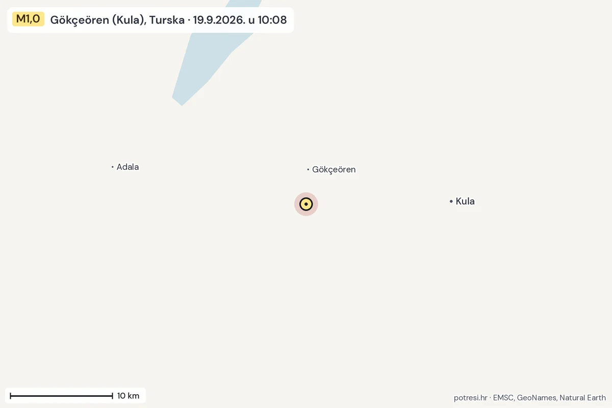 Karta: okolica epicentra, 60 km, potres M1,0, Gökçeören (Kula), Turska, 19.9.2026.