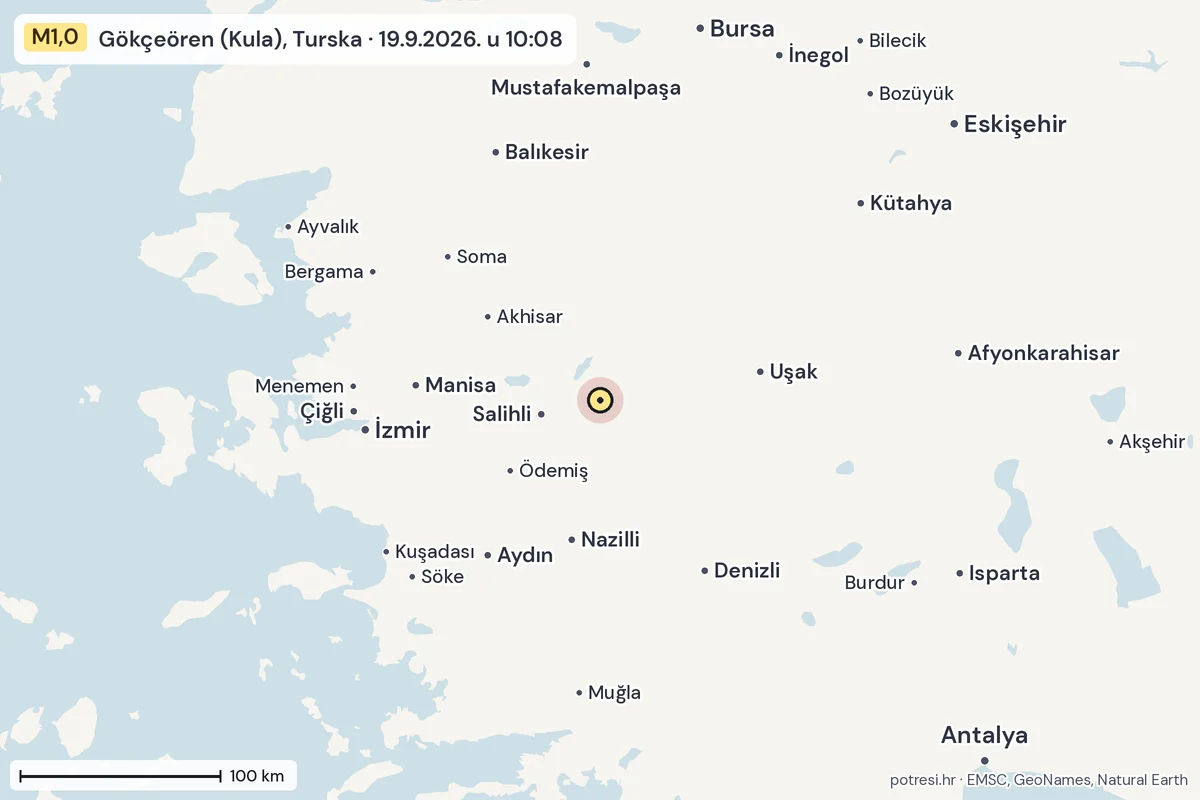 Karta: šire područje, 600 km, potres M1,0, Gökçeören (Kula), Turska, 19.9.2026.