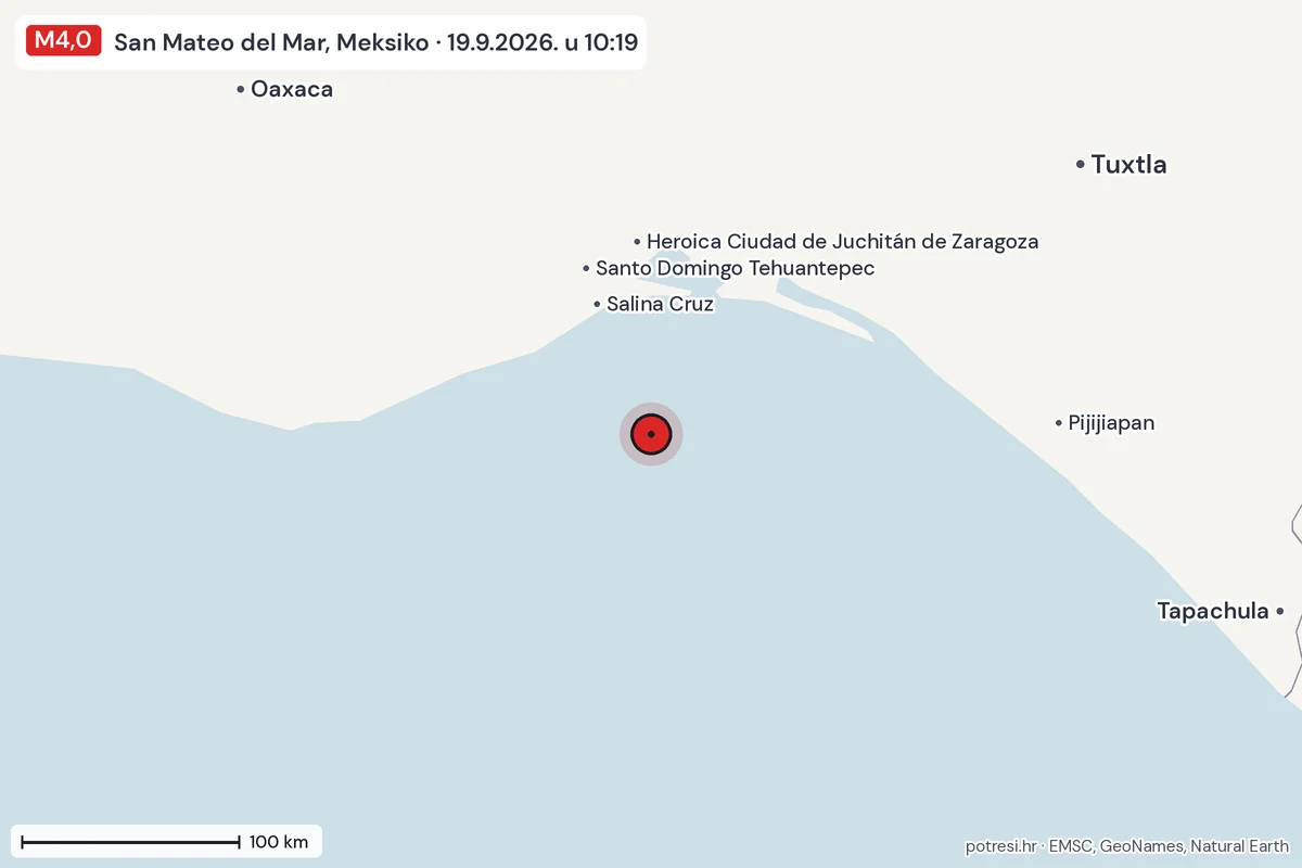 Karta: šire područje, 600 km, potres M4,0, San Mateo del Mar, Meksiko, 19.9.2026.