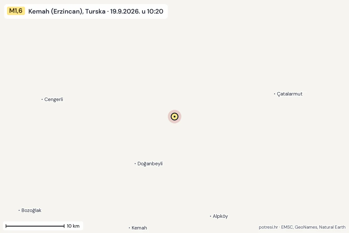 Karta: okolica epicentra, 60 km, potres M1,6, Kemah (Erzincan), Turska, 19.9.2026.