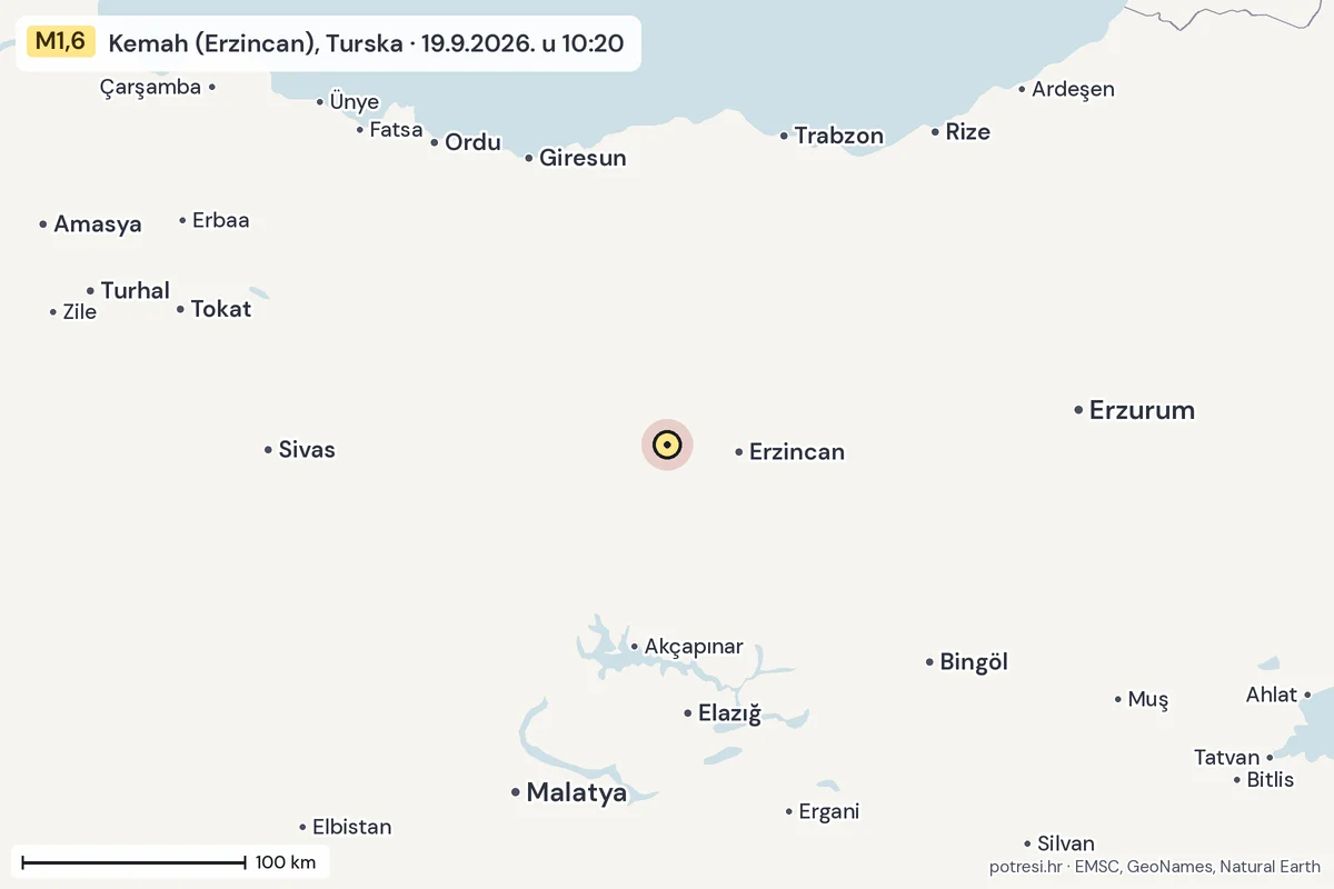 Karta: šire područje, 600 km, potres M1,6, Kemah (Erzincan), Turska, 19.9.2026.