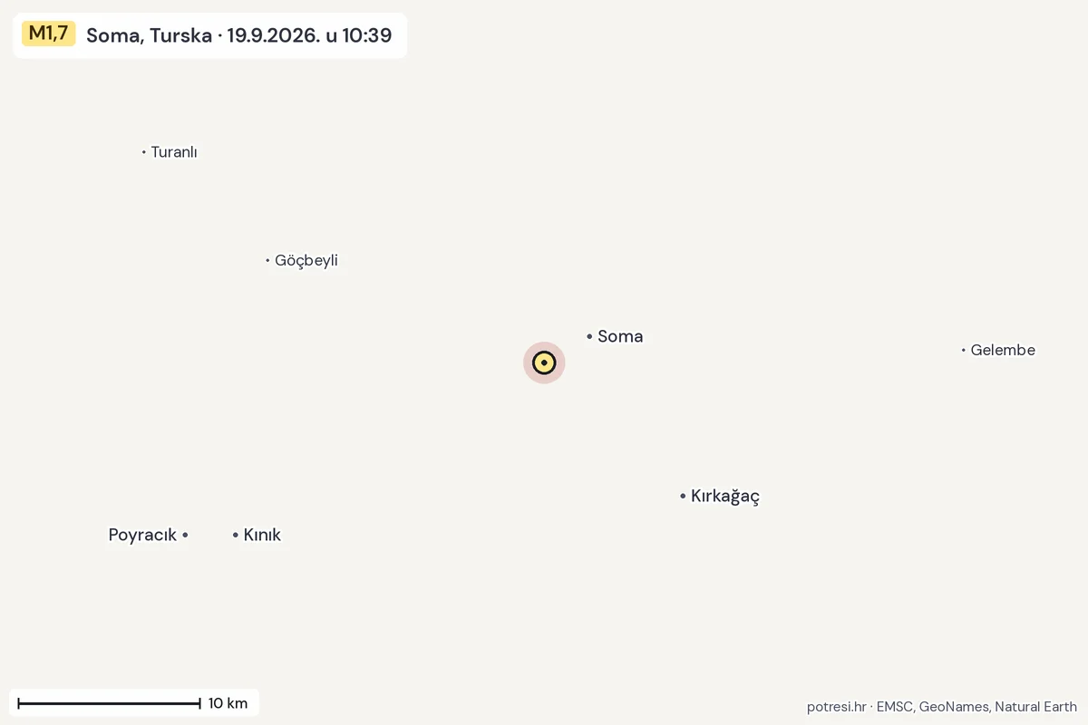 Karta: okolica epicentra, 60 km, potres M1,7, Soma, Turska, 19.9.2026.