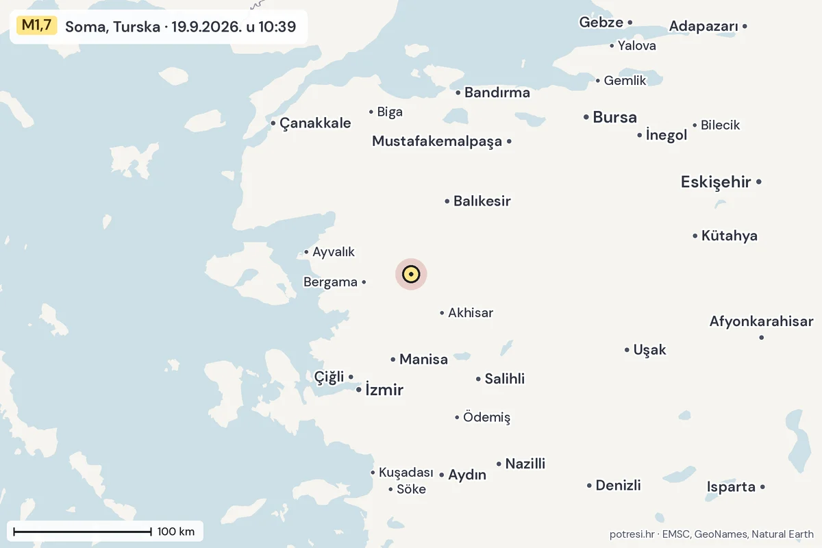 Karta: šire područje, 600 km, potres M1,7, Soma, Turska, 19.9.2026.