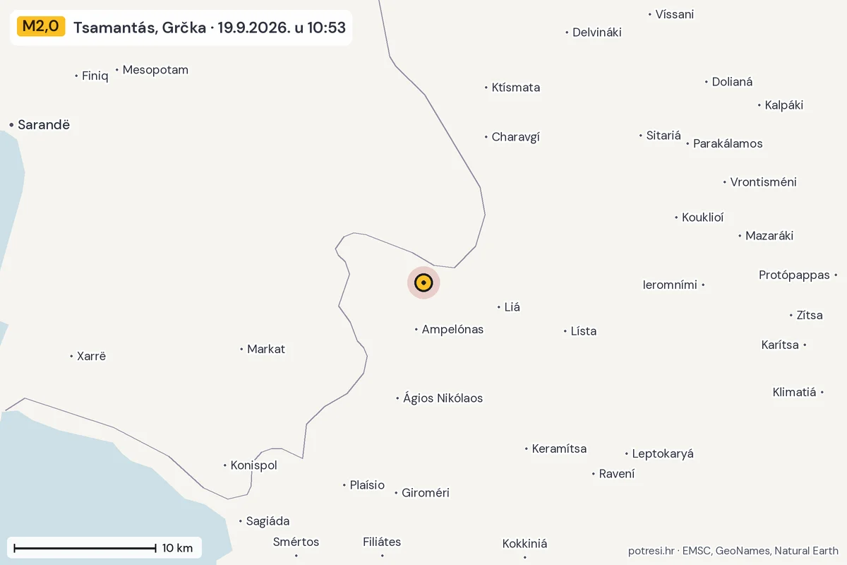 Karta: okolica epicentra, 60 km, potres M2,0, Tsamantás, Grčka, 19.9.2026.