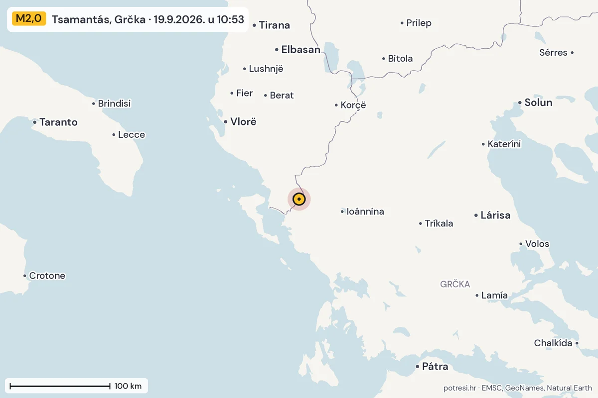 Karta: šire područje, 600 km, potres M2,0, Tsamantás, Grčka, 19.9.2026.