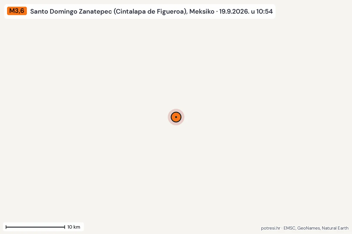 Karta: okolica epicentra, 60 km, potres M3,6, Santo Domingo Zanatepec (Cintalapa de Figueroa), Meksiko, 19.9.2026.