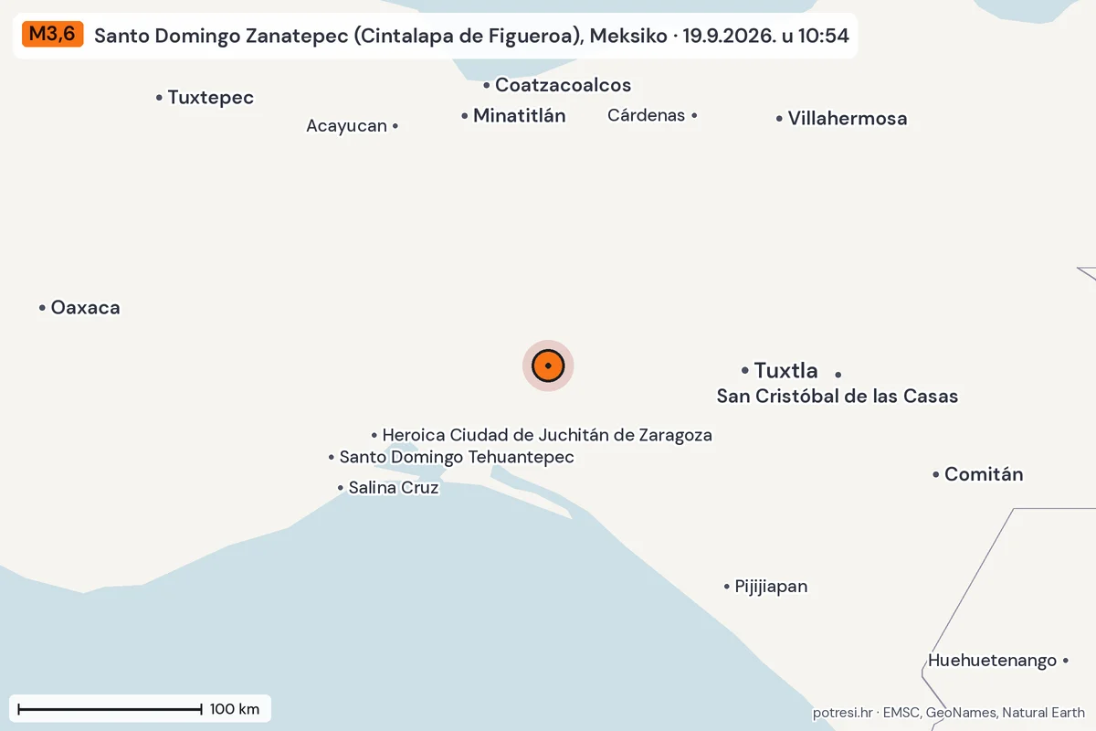 Karta: šire područje, 600 km, potres M3,6, Santo Domingo Zanatepec (Cintalapa de Figueroa), Meksiko, 19.9.2026.