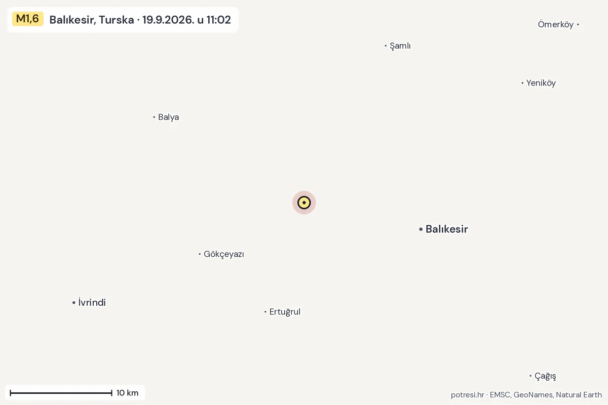 Karta: okolica epicentra, 60 km, potres M1,6, Balıkesir, Turska, 19.9.2026.