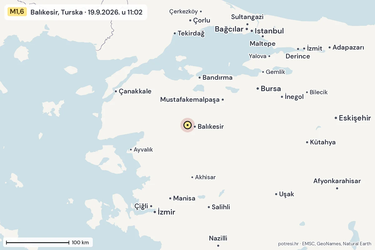 Karta: šire područje, 600 km, potres M1,6, Balıkesir, Turska, 19.9.2026.