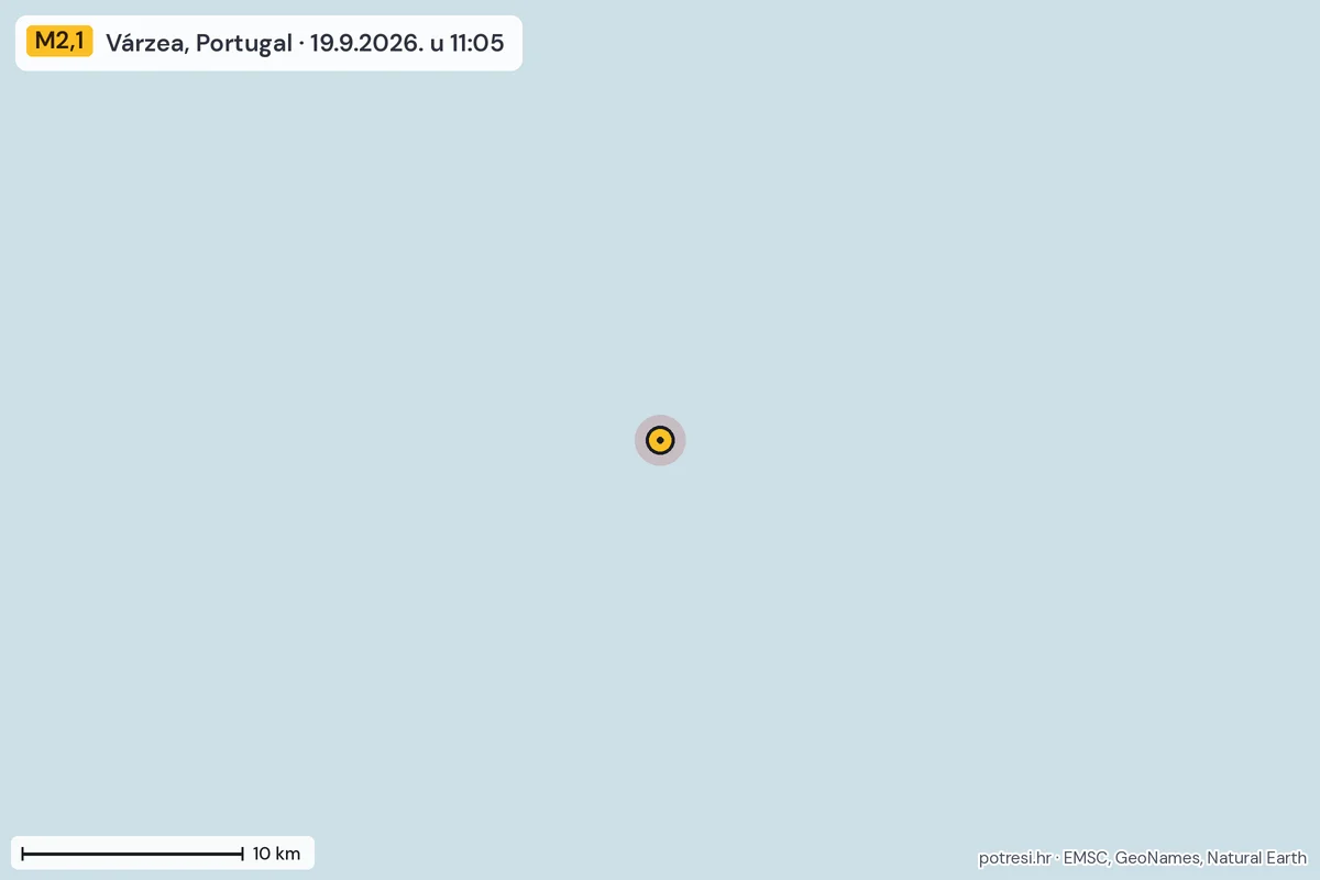 Karta: okolica epicentra, 60 km, potres M2,1, Várzea, Portugal, 19.9.2026.