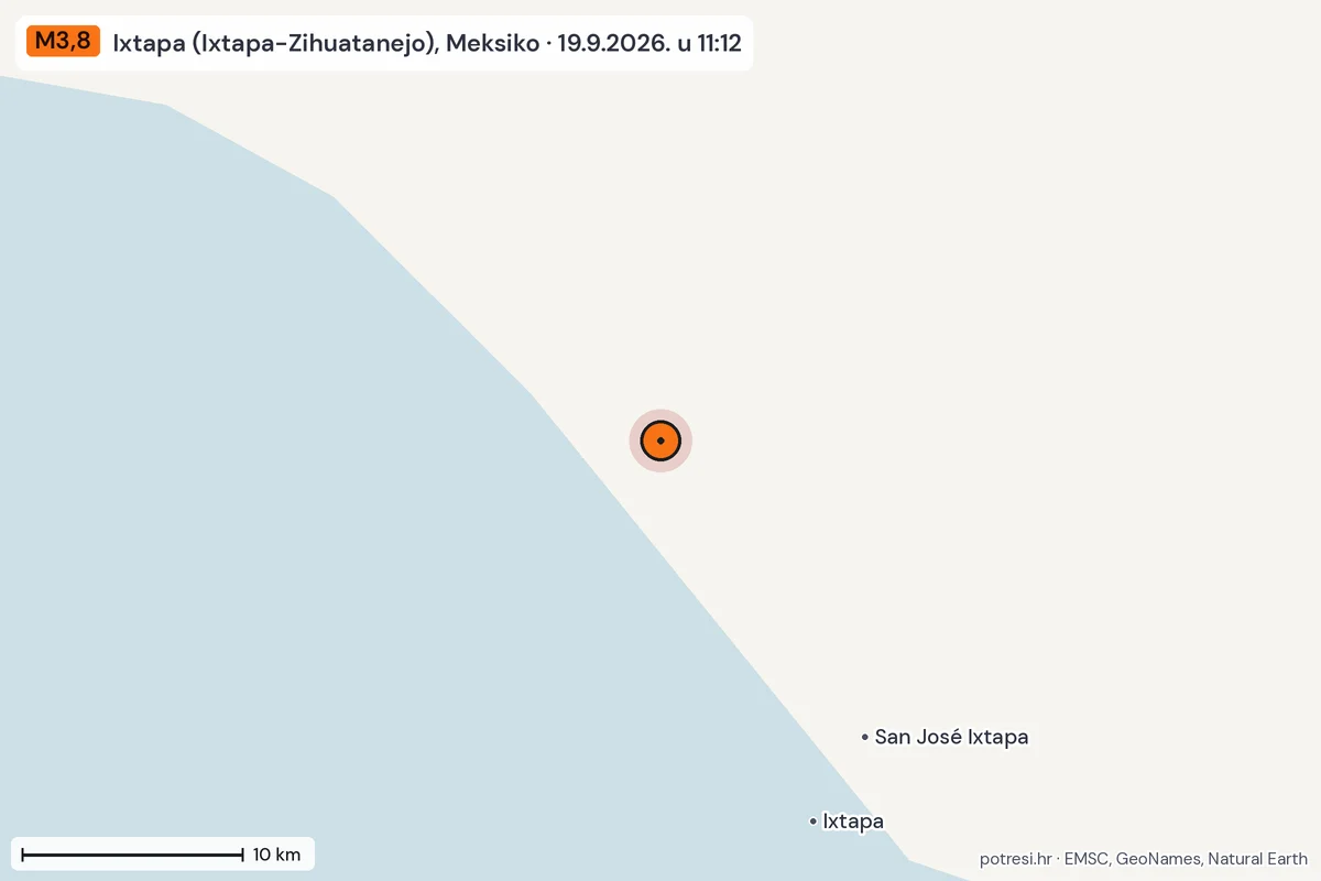 Karta: okolica epicentra, 60 km, potres M3,8, Ixtapa (Ixtapa-Zihuatanejo), Meksiko, 19.9.2026.