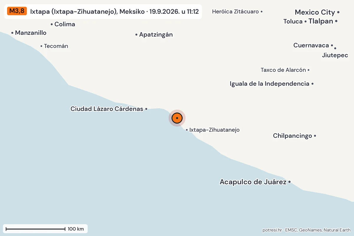 Karta: šire područje, 600 km, potres M3,8, Ixtapa (Ixtapa-Zihuatanejo), Meksiko, 19.9.2026.
