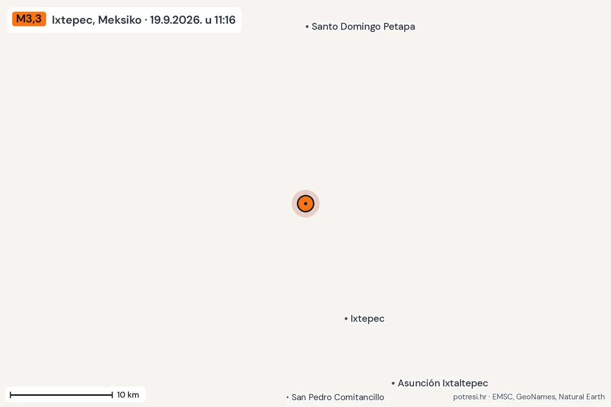 Karta: okolica epicentra, 60 km, potres M3,3, Ixtepec, Meksiko, 19.9.2026.
