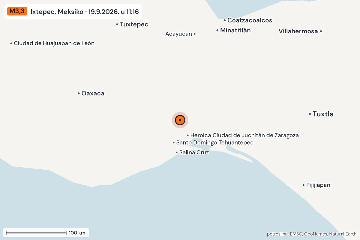 Karta: šire područje, 600 km, potres M3,3, Ixtepec, Meksiko, 19.9.2026.