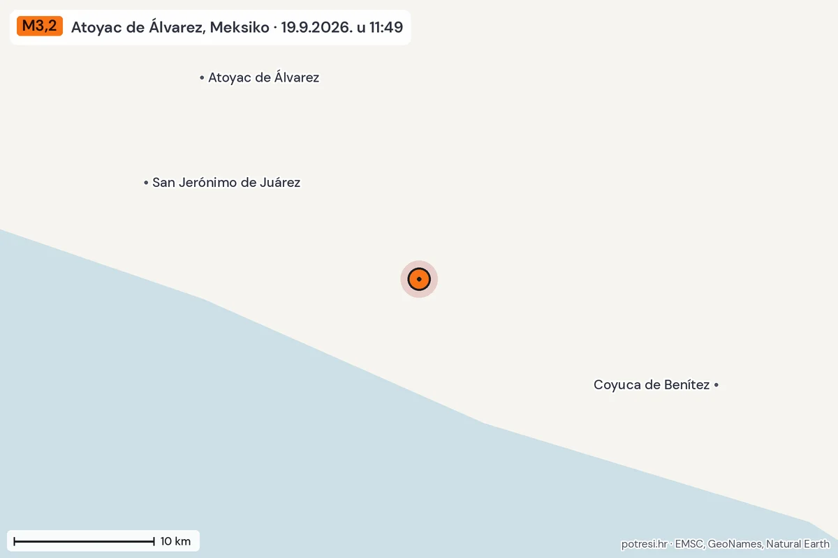 Karta: okolica epicentra, 60 km, potres M3,2, Atoyac de Álvarez, Meksiko, 19.9.2026.