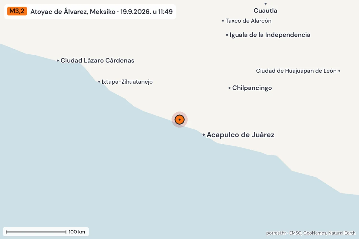 Karta: šire područje, 600 km, potres M3,2, Atoyac de Álvarez, Meksiko, 19.9.2026.