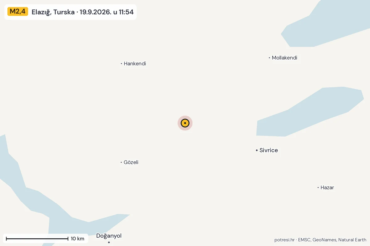 Karta: okolica epicentra, 60 km, potres M2,4, Elazığ, Turska, 19.9.2026.