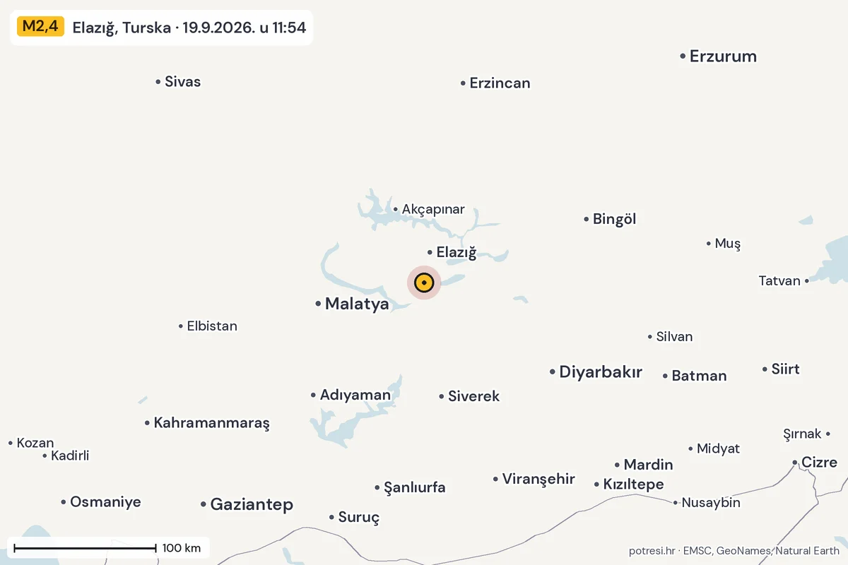 Karta: šire područje, 600 km, potres M2,4, Elazığ, Turska, 19.9.2026.