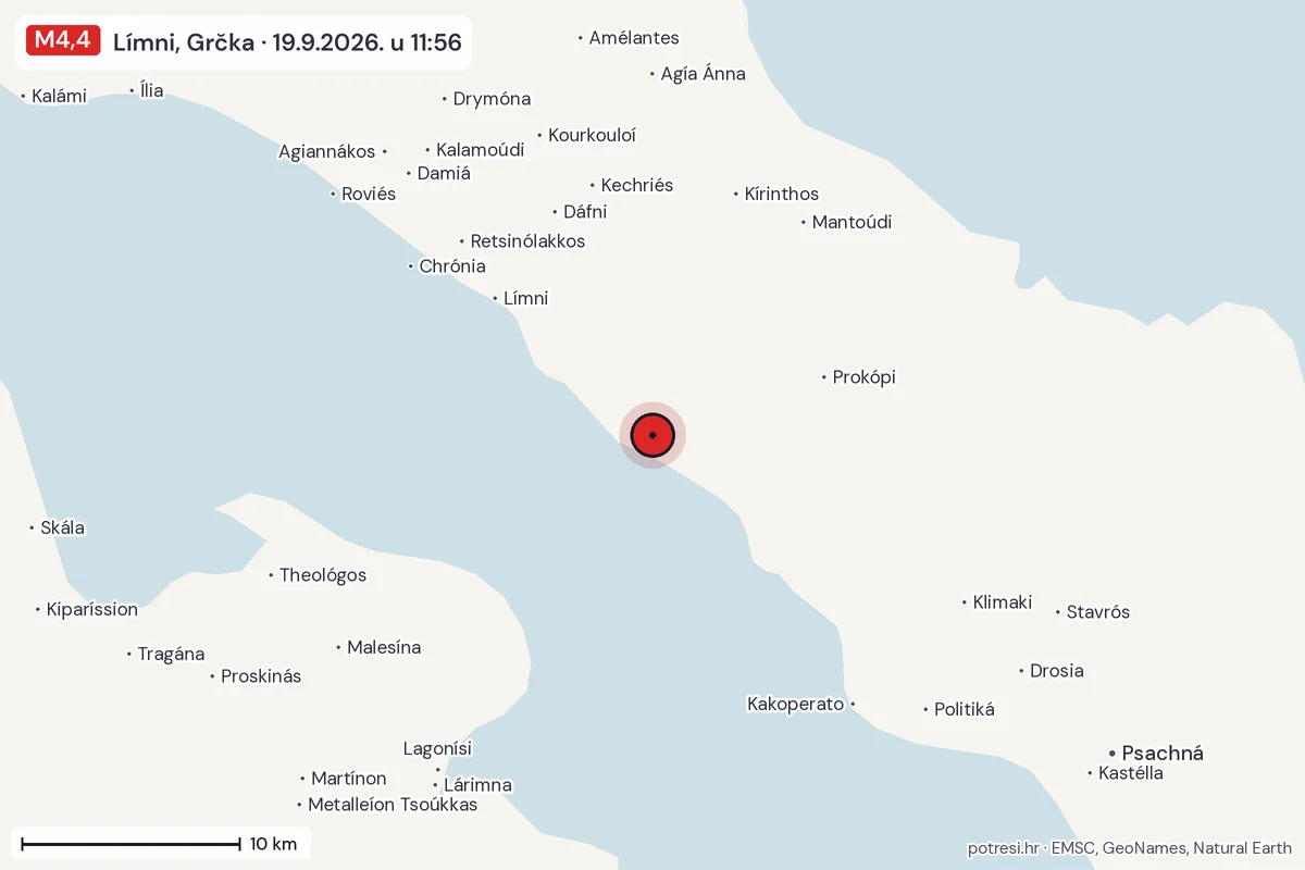 Karta: okolica epicentra, 60 km, potres M4,4, Límni, Grčka, 19.9.2026.