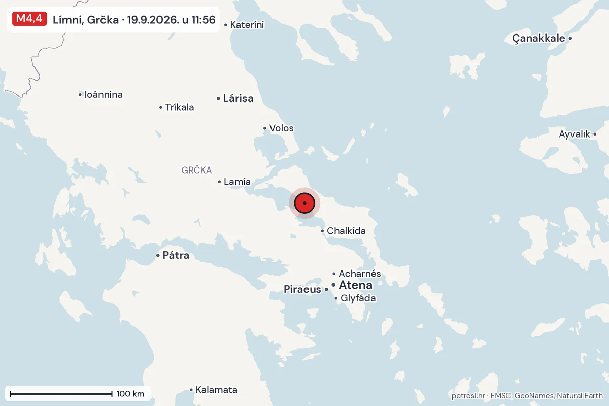 Karta: šire područje, 600 km, potres M4,4, Límni, Grčka, 19.9.2026.