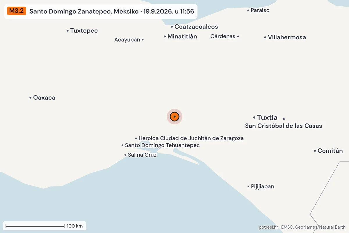Karta: šire područje, 600 km, potres M3,2, Santo Domingo Zanatepec, Meksiko, 19.9.2026.