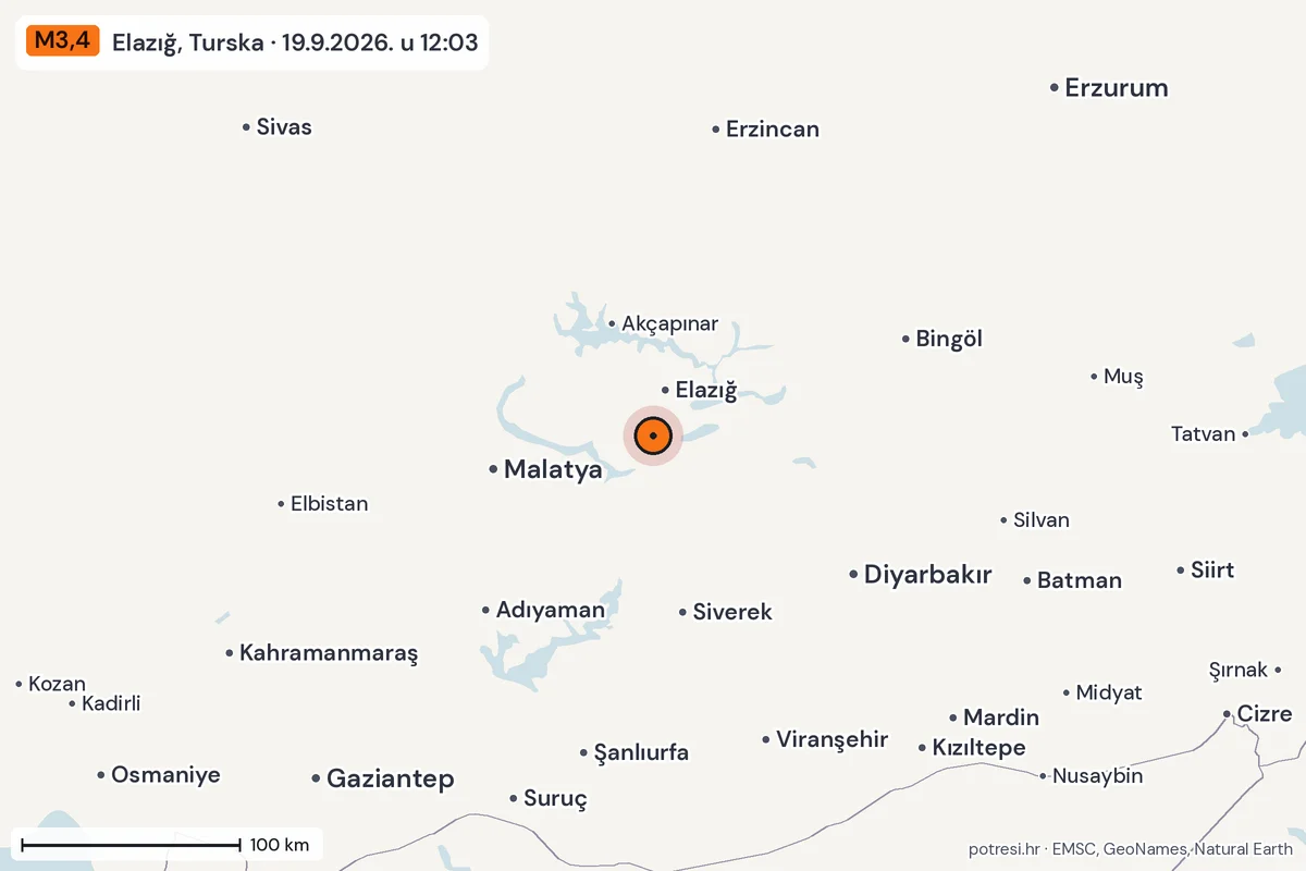Karta: šire područje, 600 km, potres M3,4, Elazığ, Turska, 19.9.2026.