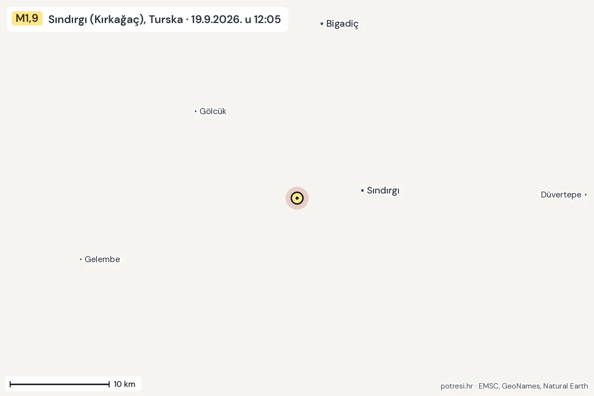 Karta: okolica epicentra, 60 km, potres M1,9, Sındırgı (Kırkağaç), Turska, 19.9.2026.