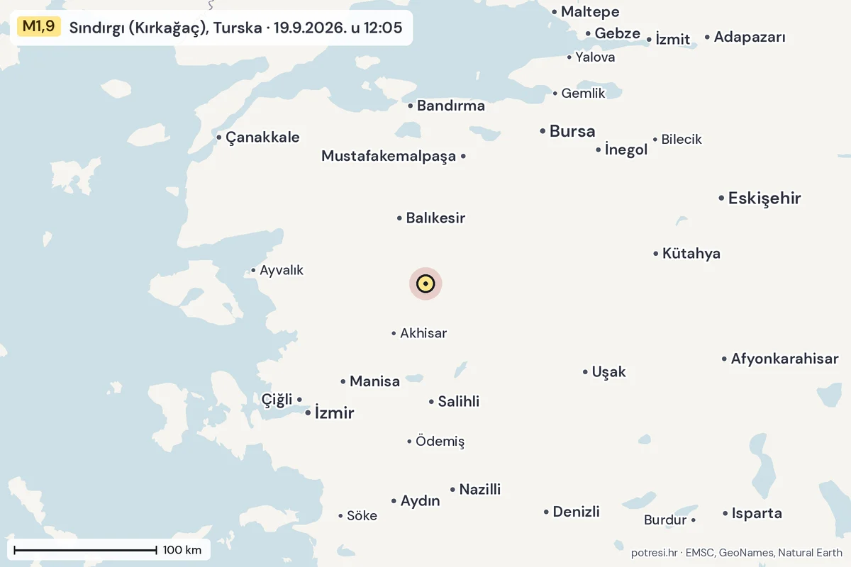 Karta: šire područje, 600 km, potres M1,9, Sındırgı (Kırkağaç), Turska, 19.9.2026.