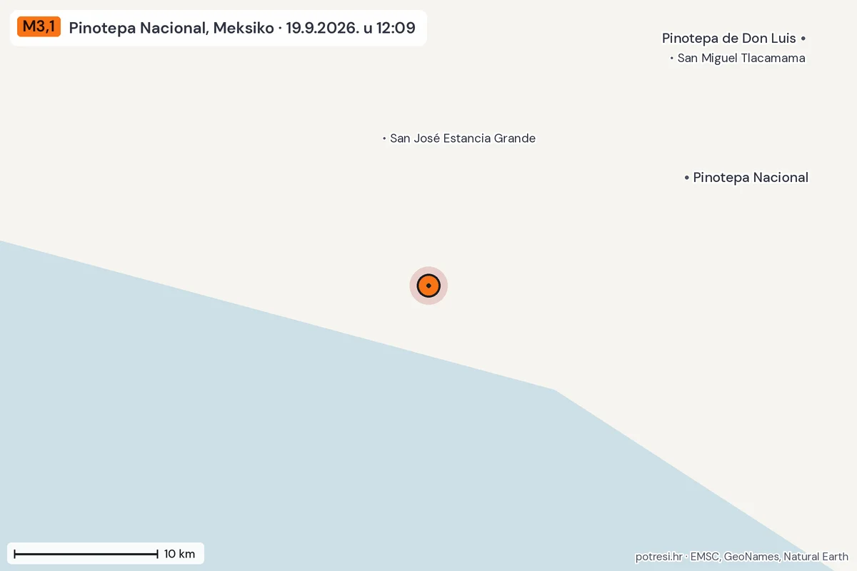 Karta: okolica epicentra, 60 km, potres M3,1, Pinotepa Nacional, Meksiko, 19.9.2026.