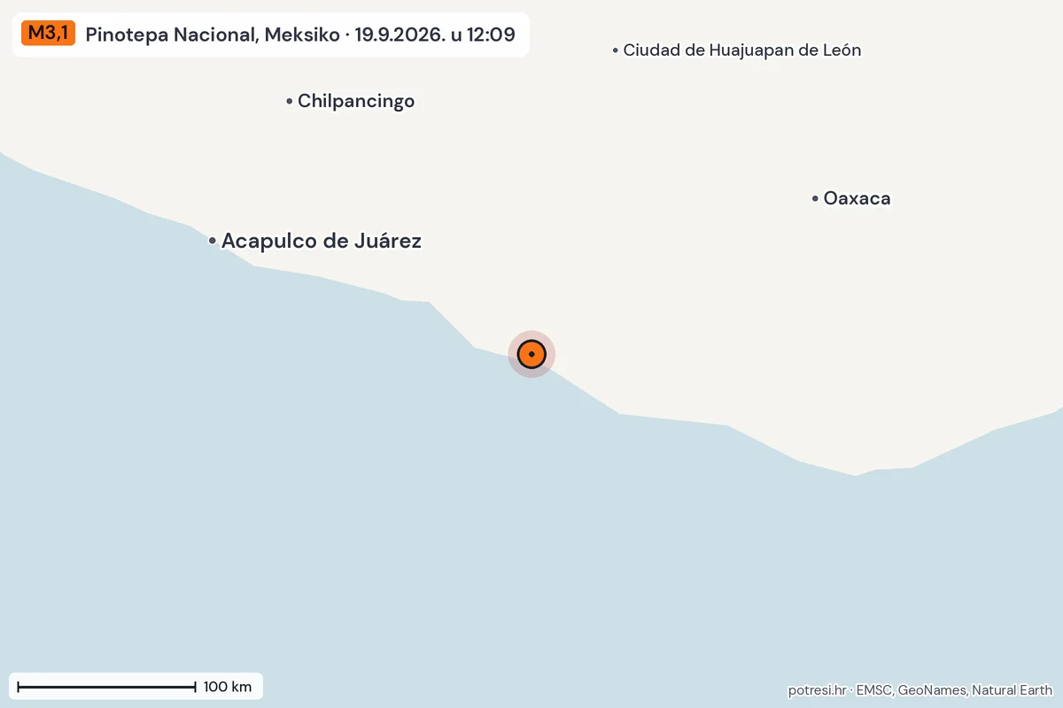 Karta: šire područje, 600 km, potres M3,1, Pinotepa Nacional, Meksiko, 19.9.2026.