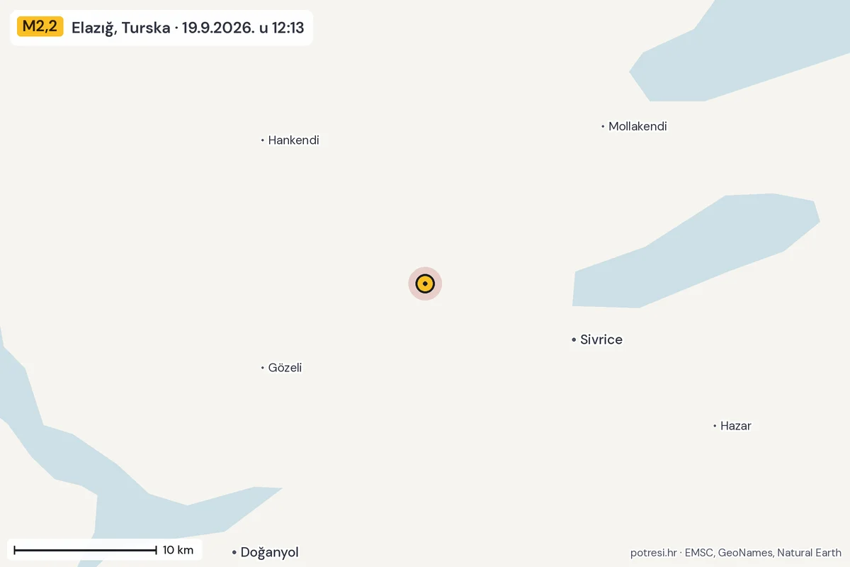 Karta: okolica epicentra, 60 km, potres M2,2, Elazığ, Turska, 19.9.2026.