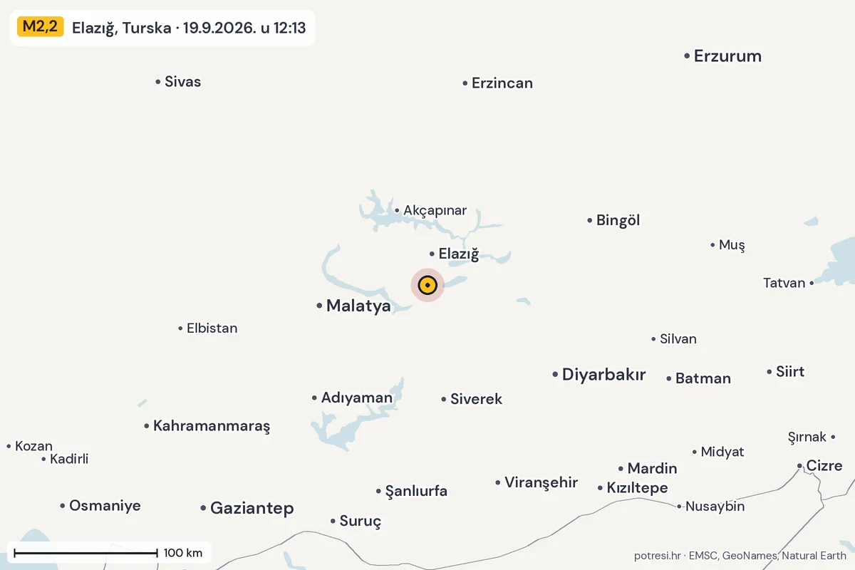 Karta: šire područje, 600 km, potres M2,2, Elazığ, Turska, 19.9.2026.