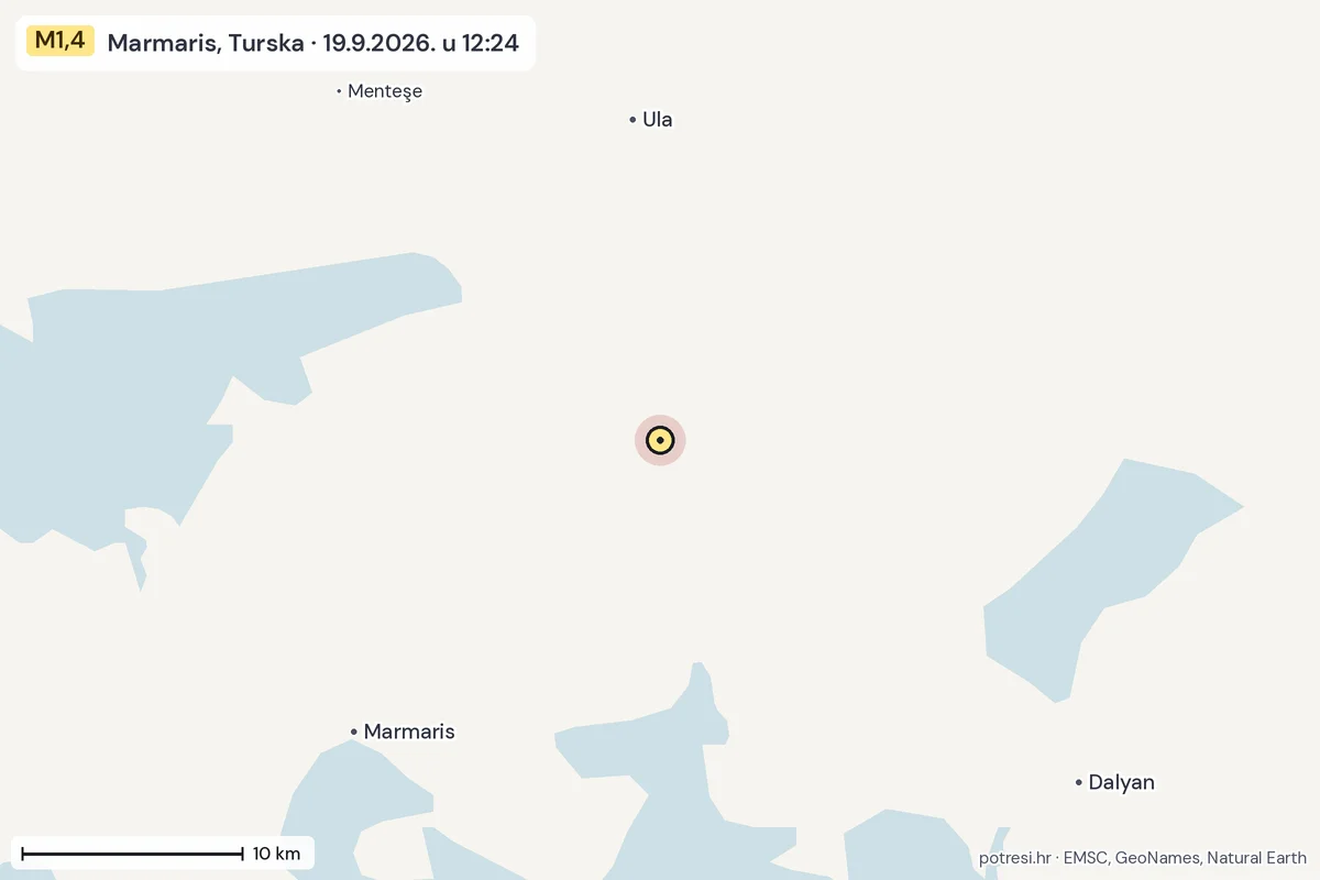 Karta: okolica epicentra, 60 km, potres M1,4, Marmaris, Turska, 19.9.2026.