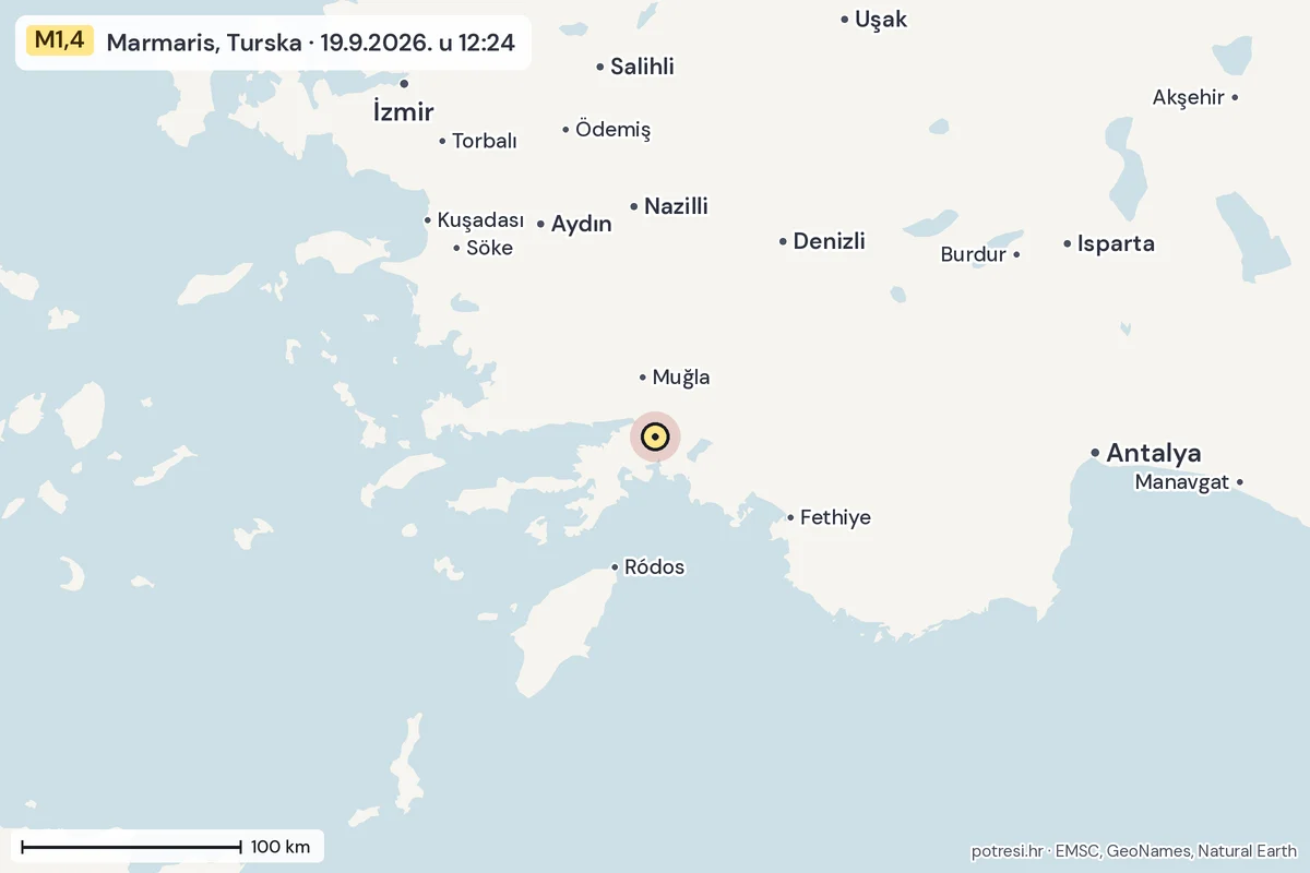 Karta: šire područje, 600 km, potres M1,4, Marmaris, Turska, 19.9.2026.