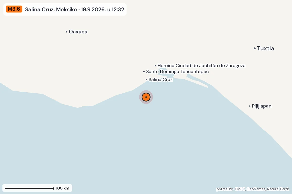 Karta: šire područje, 600 km, potres M3,6, Salina Cruz, Meksiko, 19.9.2026.