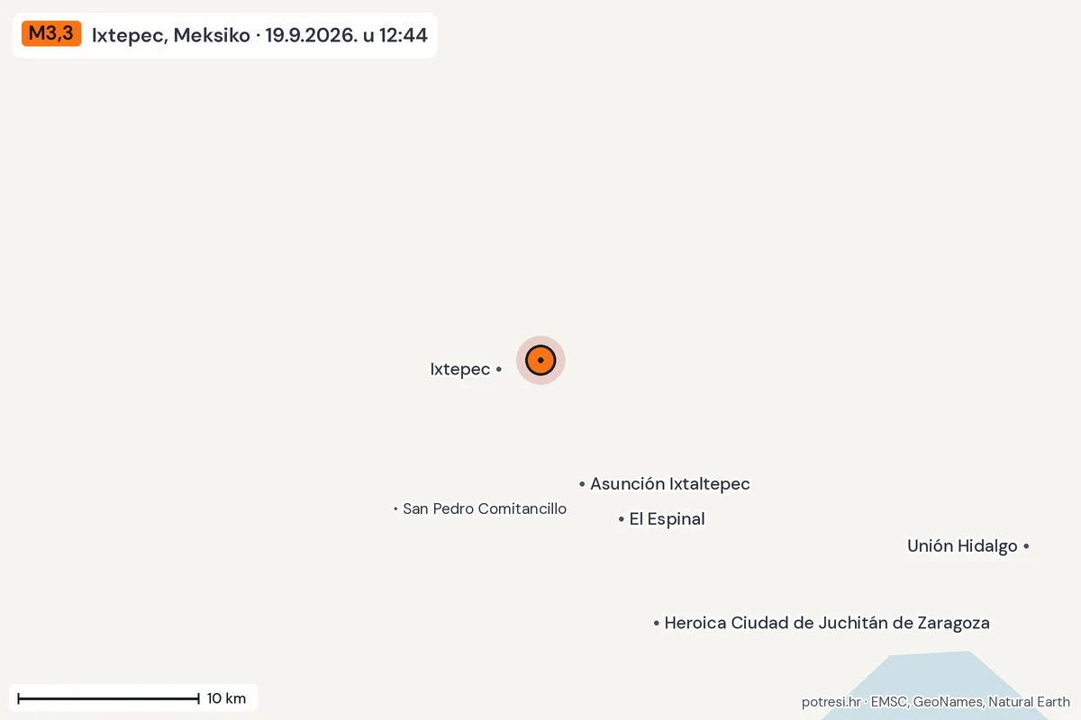 Karta: okolica epicentra, 60 km, potres M3,3, Ixtepec, Meksiko, 19.9.2026.