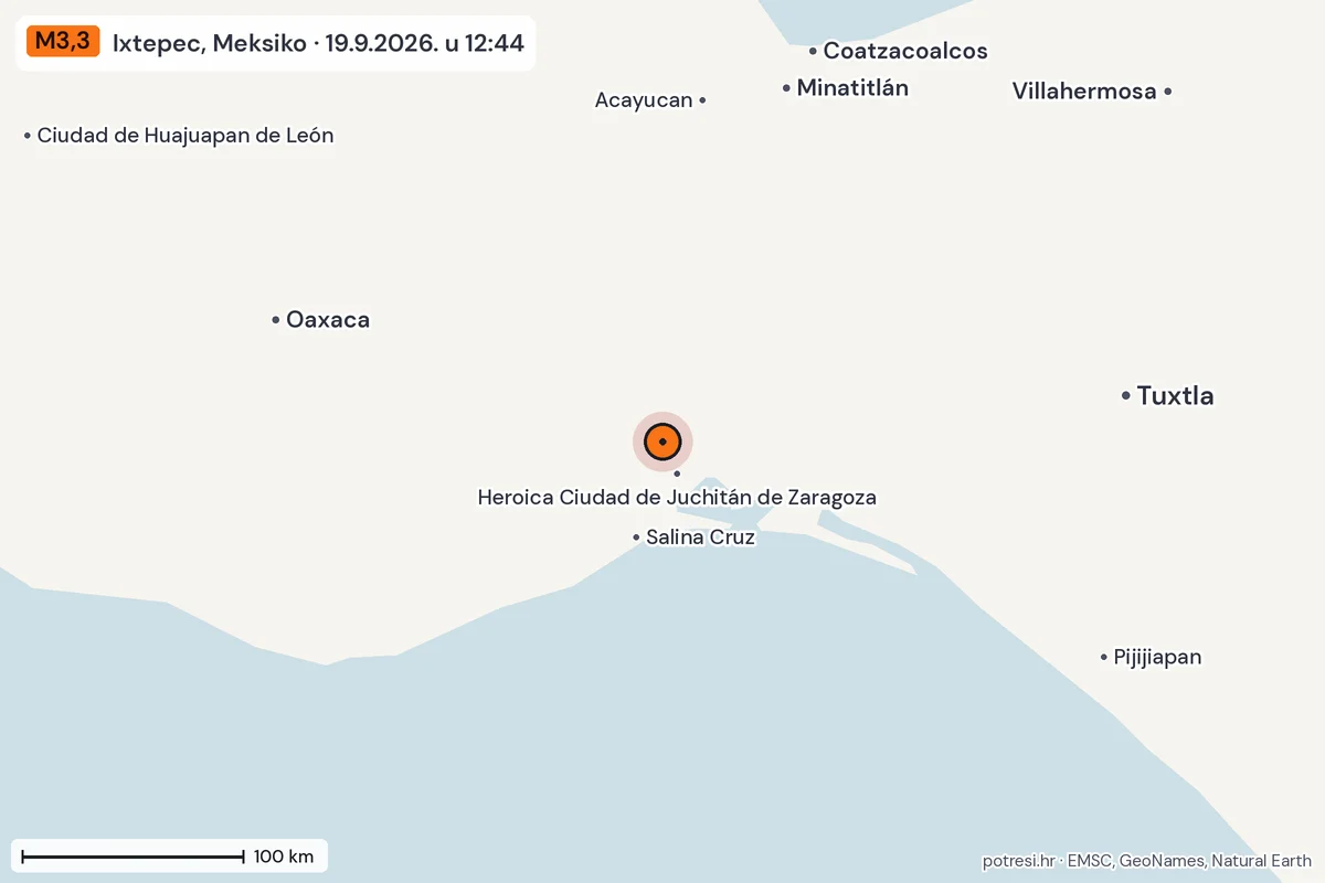 Karta: šire područje, 600 km, potres M3,3, Ixtepec, Meksiko, 19.9.2026.