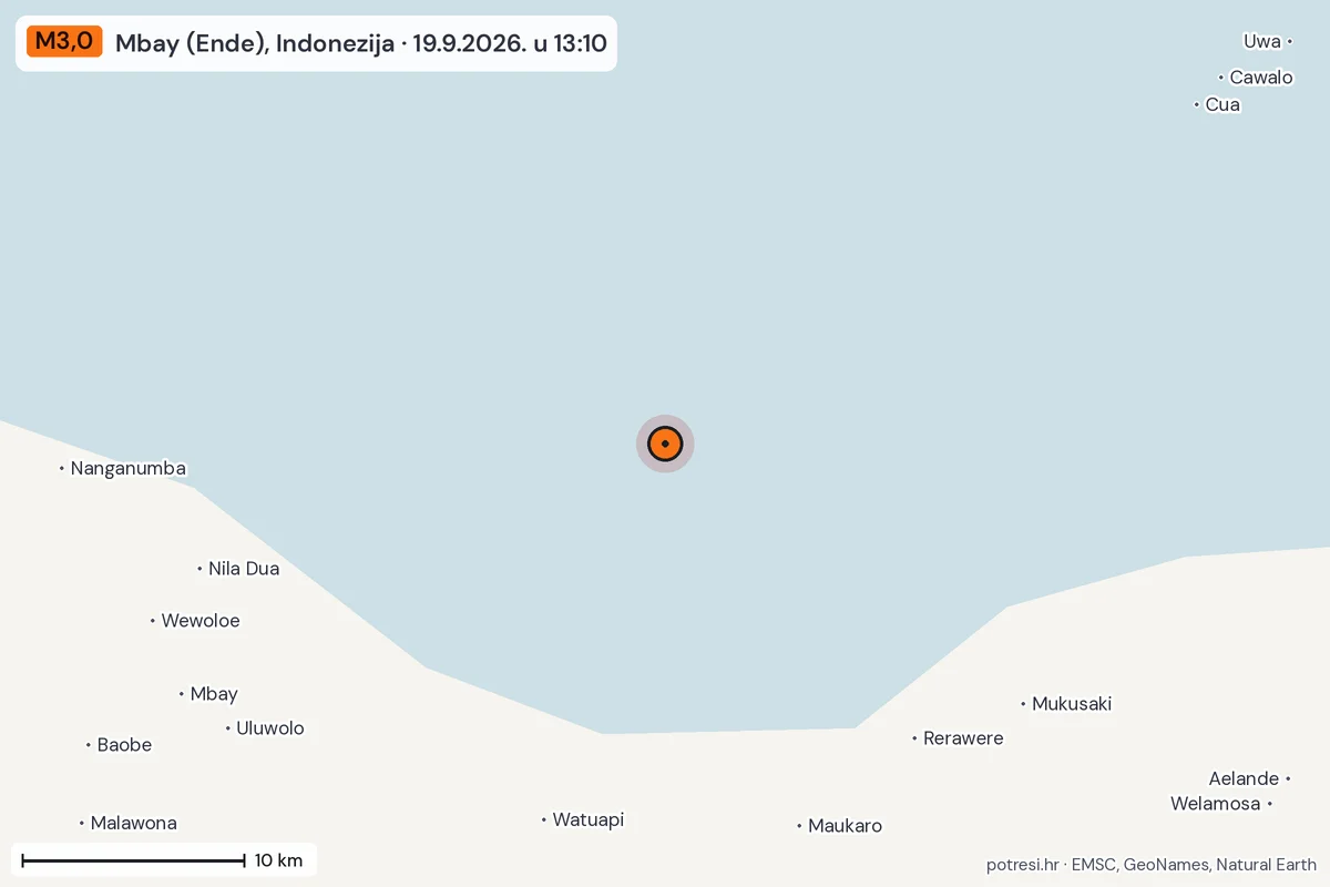 Karta: okolica epicentra, 60 km, potres M3,0, Mbay (Ende), Indonezija, 19.9.2026.