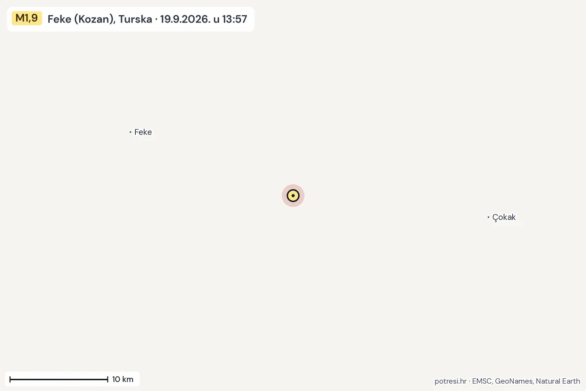 Karta: okolica epicentra, 60 km, potres M1,9, Feke (Kozan), Turska, 19.9.2026.