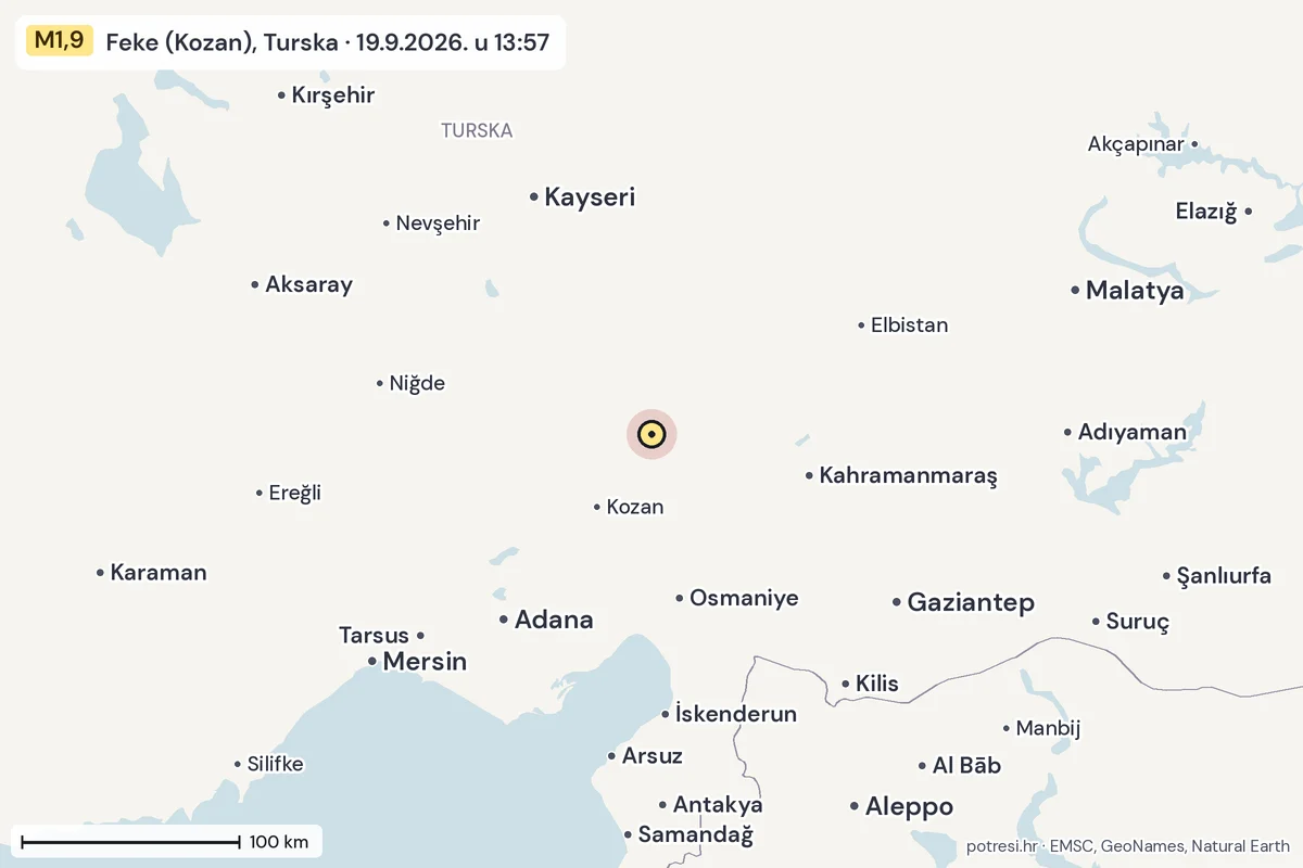 Karta: šire područje, 600 km, potres M1,9, Feke (Kozan), Turska, 19.9.2026.