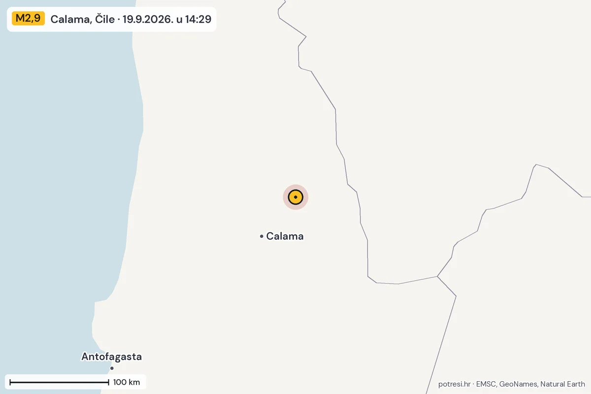 Karta: šire područje, 600 km, potres M2,9, Calama, Čile, 19.9.2026.