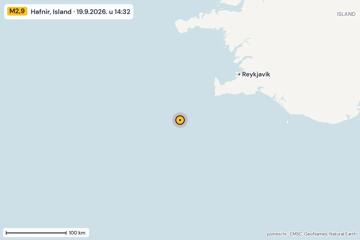 Karta: šire područje, 600 km, potres M2,9, Hafnir, Island, 19.9.2026.