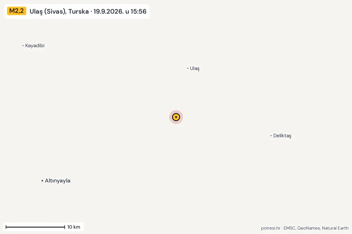 Karta: okolica epicentra, 60 km, potres M2,2, Ulaş (Sivas), Turska, 19.9.2026.