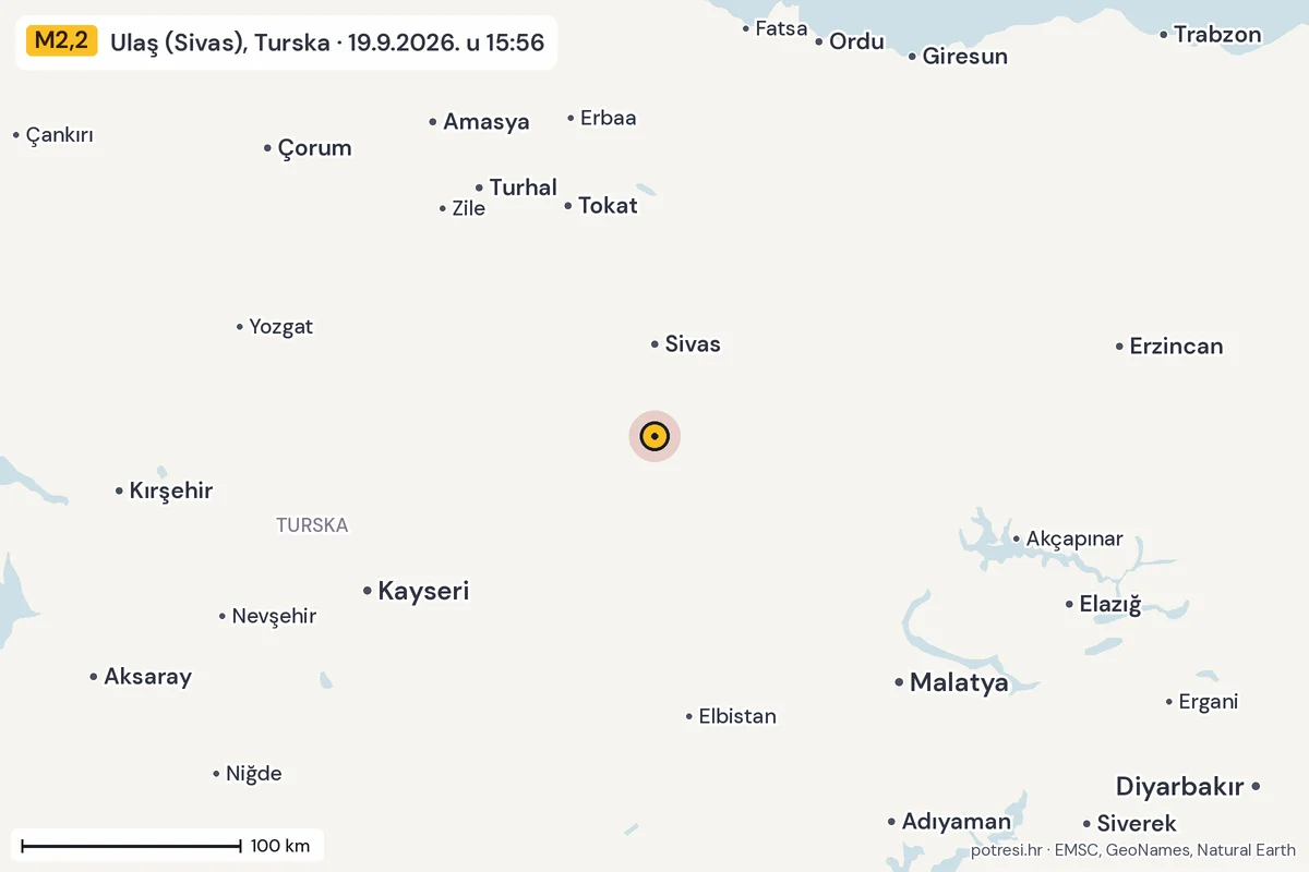 Karta: šire područje, 600 km, potres M2,2, Ulaş (Sivas), Turska, 19.9.2026.