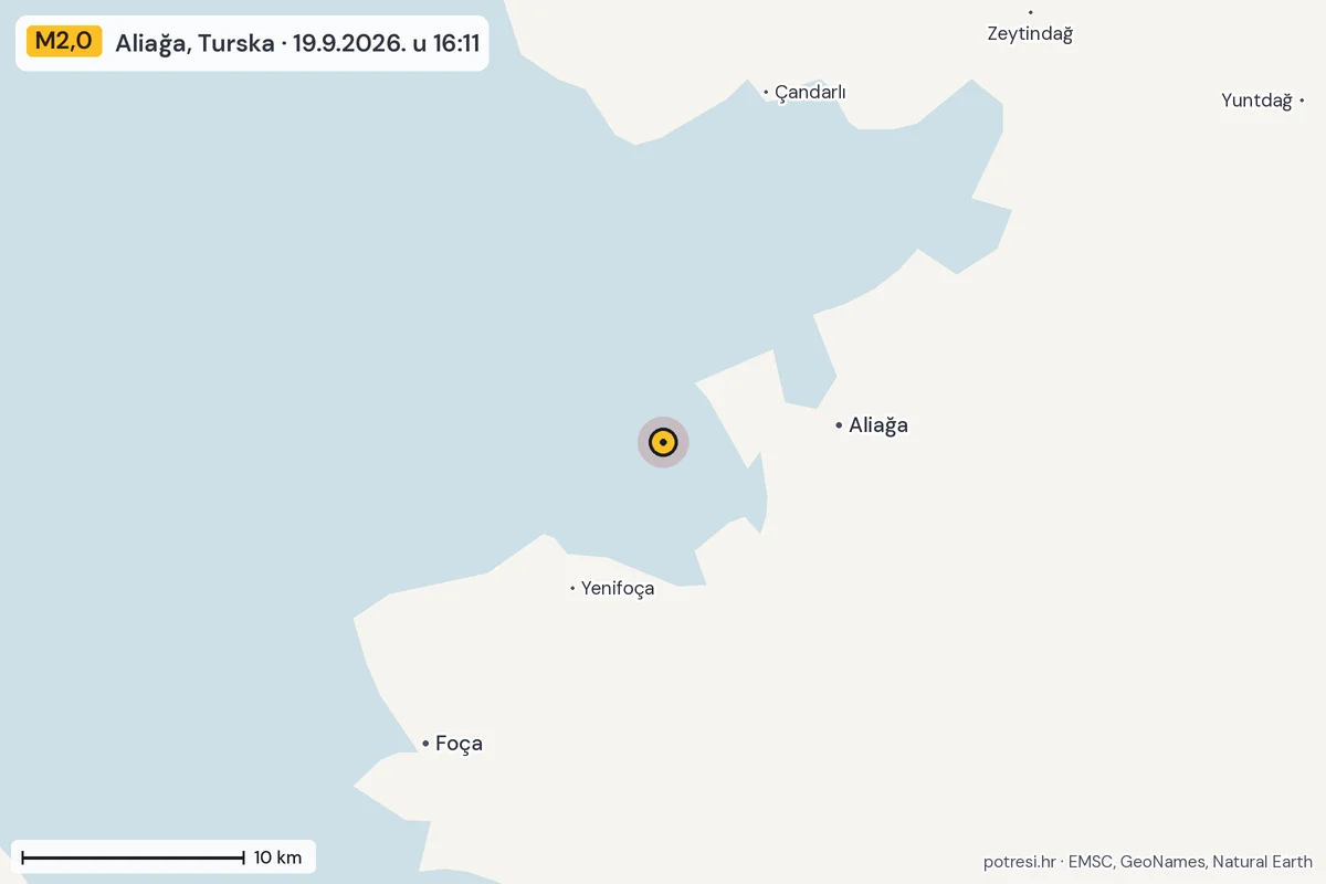 Karta: okolica epicentra, 60 km, potres M2,0, Aliağa, Turska, 19.9.2026.