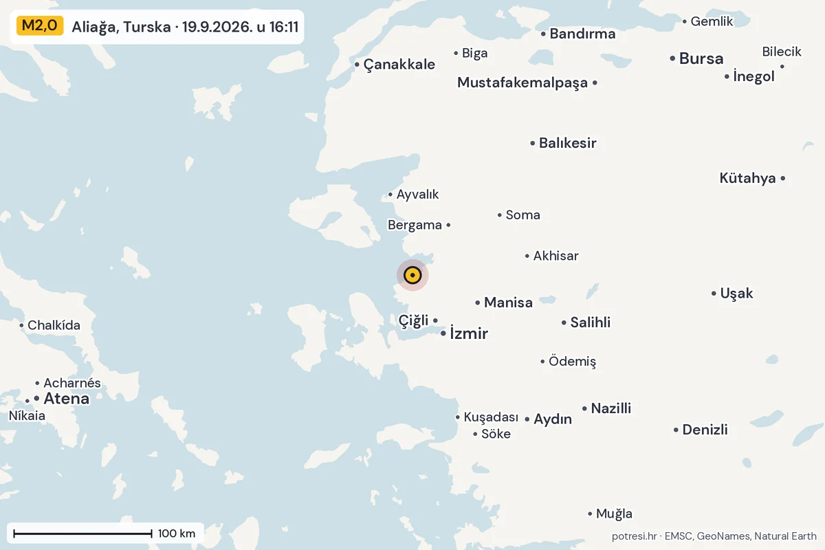 Karta: šire područje, 600 km, potres M2,0, Aliağa, Turska, 19.9.2026.
