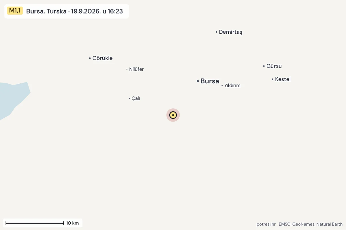 Karta: okolica epicentra, 60 km, potres M1,1, Bursa, Turska, 19.9.2026.