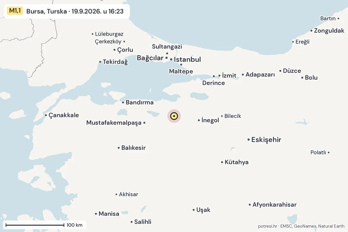 Karta: šire područje, 600 km, potres M1,1, Bursa, Turska, 19.9.2026.