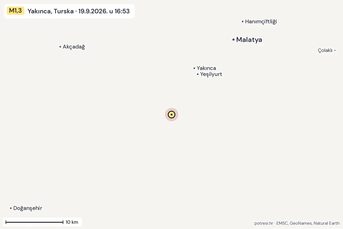 Karta: okolica epicentra, 60 km, potres M1,3, Yakınca, Turska, 19.9.2026.