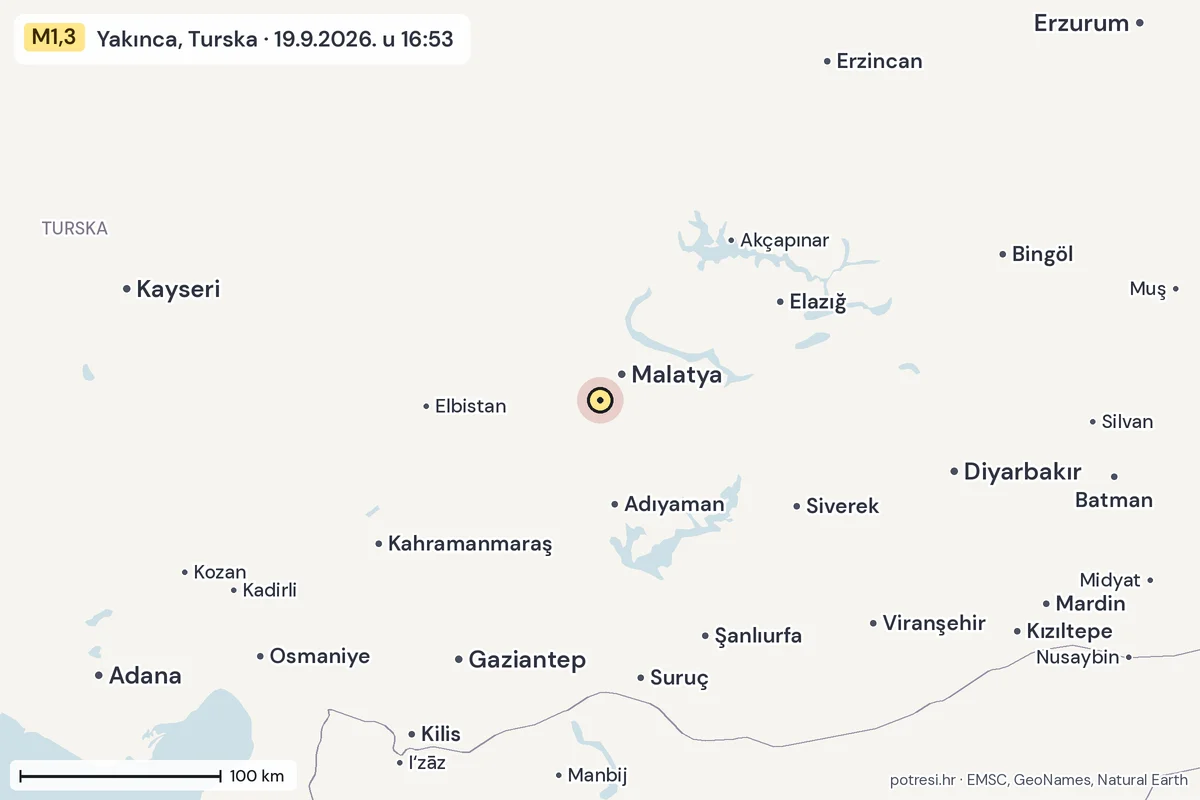 Karta: šire područje, 600 km, potres M1,3, Yakınca, Turska, 19.9.2026.